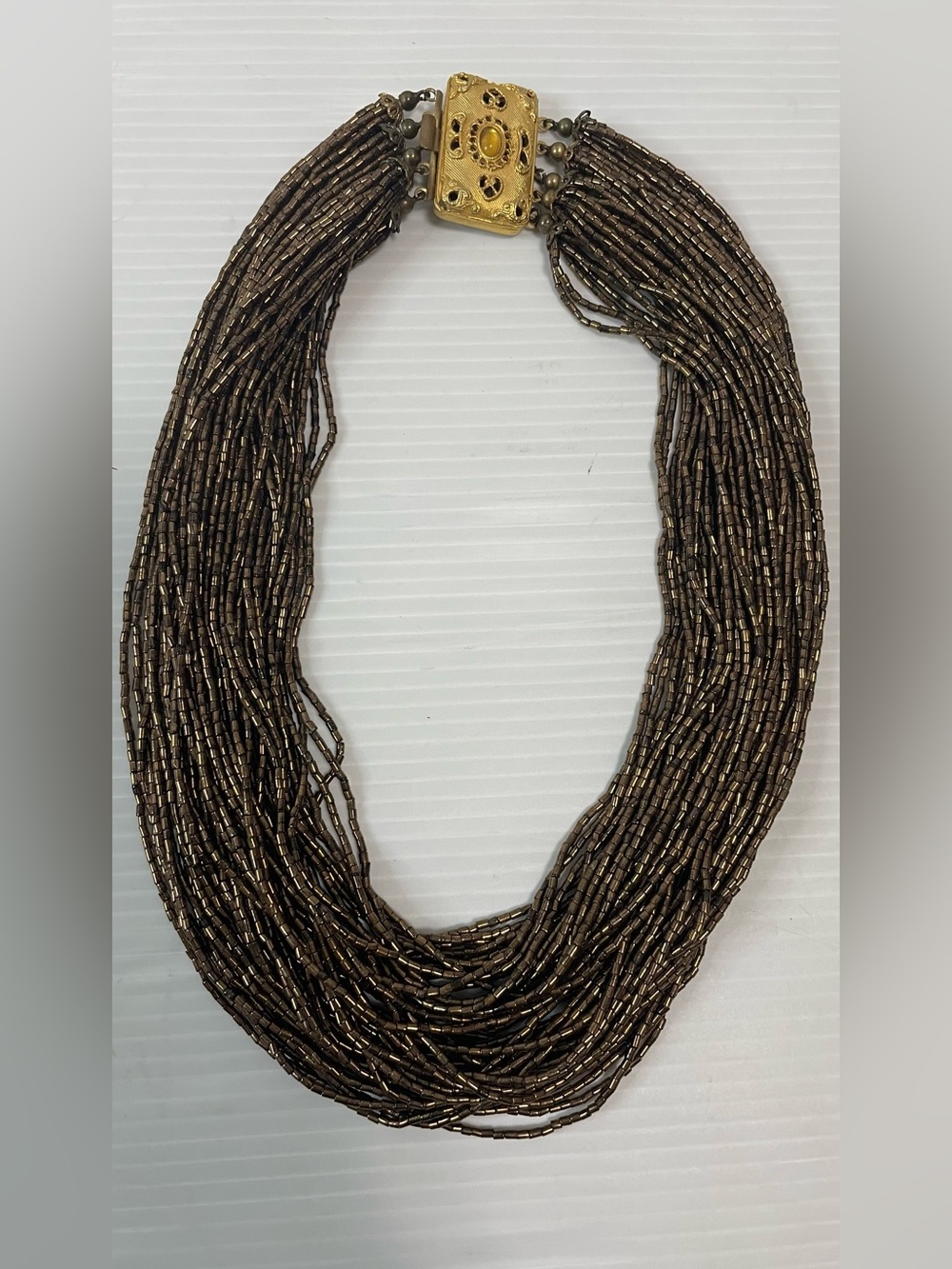 VTG Multi-Strand Copper Brown Beaded Choker Necklace Gold Tone Filigree Clasp